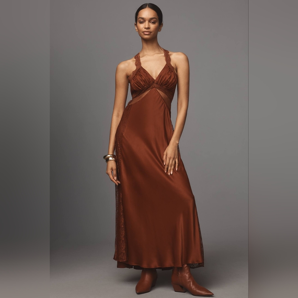 Maeve V-Neck Satin Lace Midi Dress